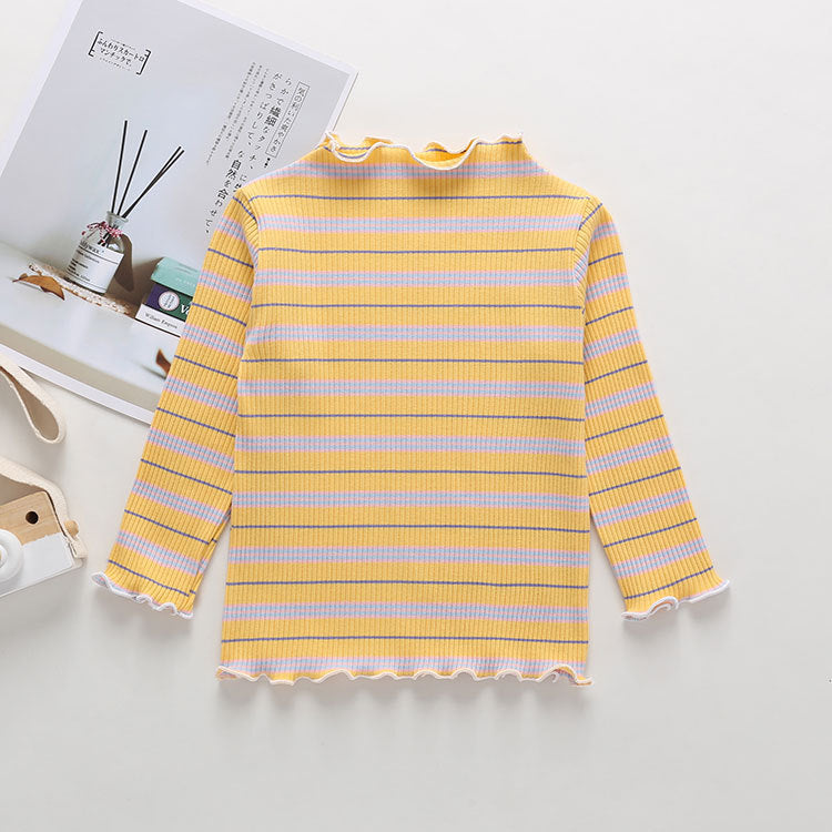 Striped Pattern Wooden Ear Edge Design Round Neck Long Sleeve Bottoming Spring Autumn Shirt