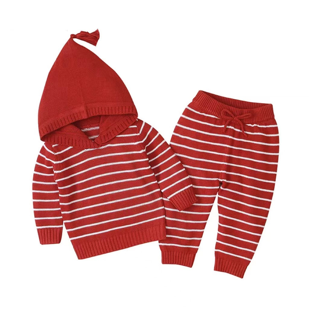 Baby 1pcs Striped Pattern Knitted Hoodie With Hat & Pants Warm Sets My Kids-USA