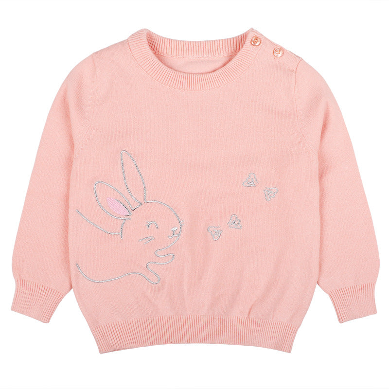 Baby Girl Cute Bunny Embroidery Graphic Solid Color O-Neck Sweater My Kids-USA