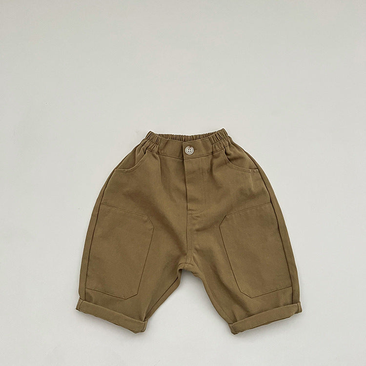Baby Solid Color Washed Work Trousers Loose Carrot Pants