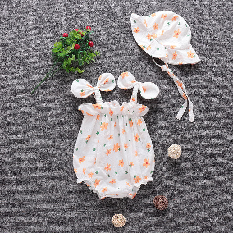 Baby Girl Floral Pattern Bow-Tie Sleeveless Onesies In Summer With Hat My Kids-USA