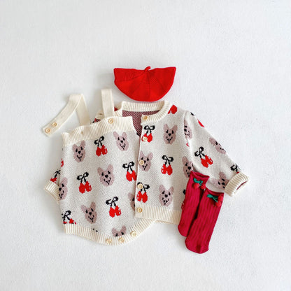Baby Girl 1pcs Allover Cartoon Bear & Cherry Embroidered Graphic Bodysuit & Cardigan Knitted Sets My Kids-USA