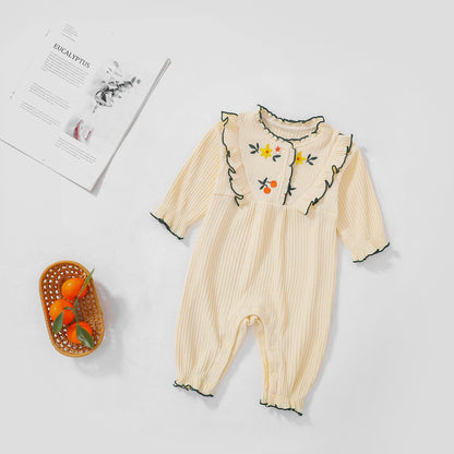 Baby Girl Floral Embroidered Pattern Frim Trim Design Romper My Kids-USA
