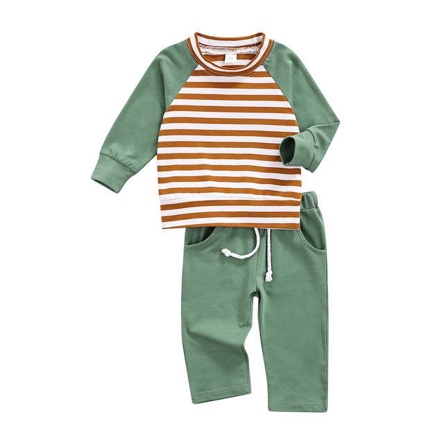 Baby Striped Pattern Contrast Design Hoodies Combo Solid Pants Sets My Kids-USA