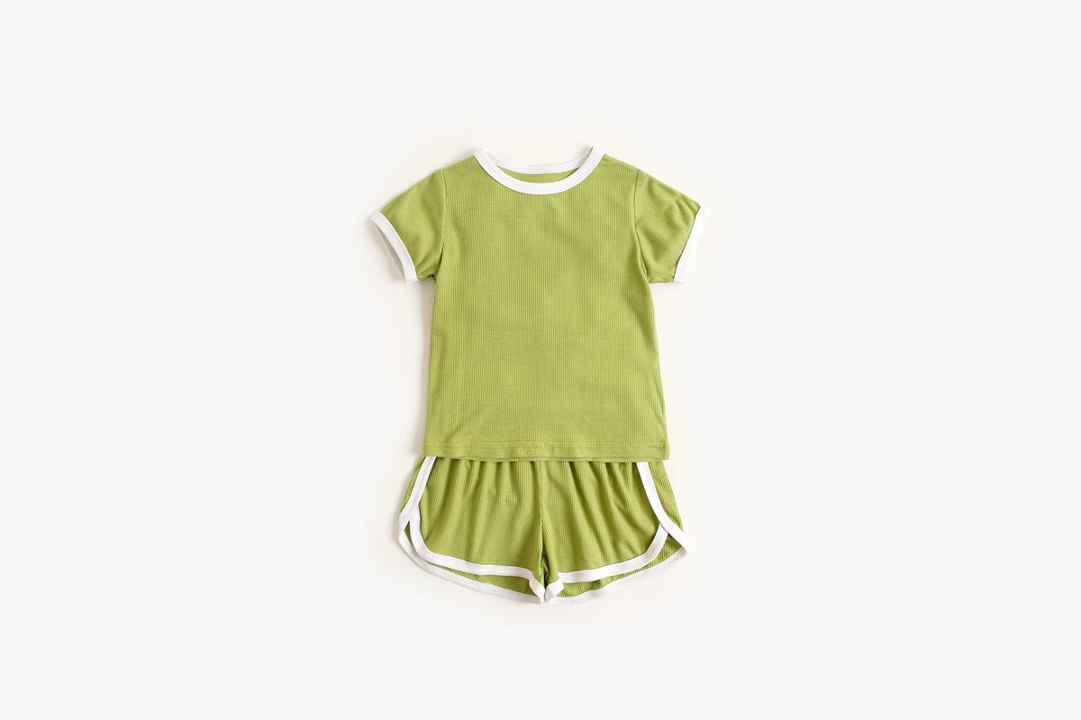 Baby Solid Color Neck Color Matching Design Sports Sets In Summer