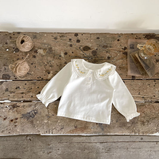 Baby Girl Solid Embroidered Floral Collar Top, MyKids-USA®, Baby & Toddler Outerwear, MyKids-USA - Size/Age - 66 (3-6M) - Color - White -  -  - SH2201181845-B.