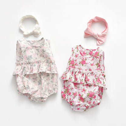 Baby Girl Floral Print Graphic Ruffle Design Sleeveless Onesies & Headband My Kids-USA