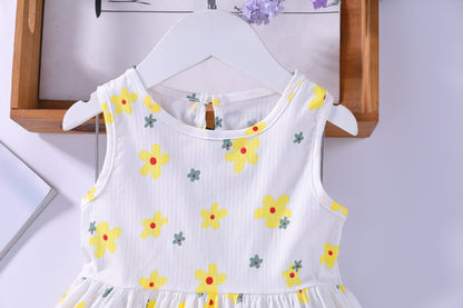 Baby Girls Floral Print Sleeveless Round Collar Dress In Summer