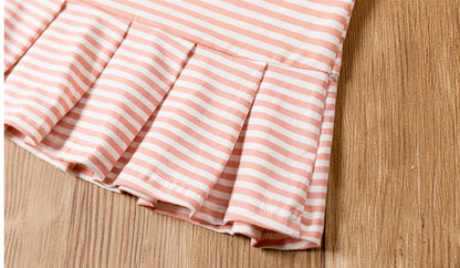 Baby Girl Bow Design Striped Pattern Small Bee Embroidery Hem Ruffle Short Sleeve Dress