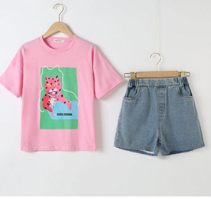 Baby Girl Animal Print T-Shirt Combo Denim Shorts 2-Pieces Sets My Kids-USA