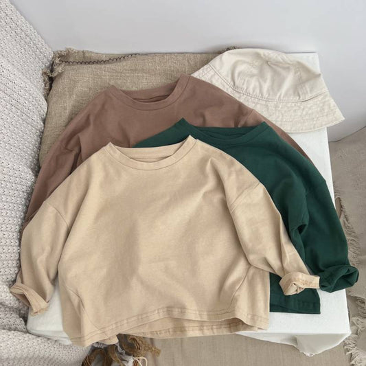 Baby Solid Color Crewneck Long Sleeve Soft Cotton Basic Shirt