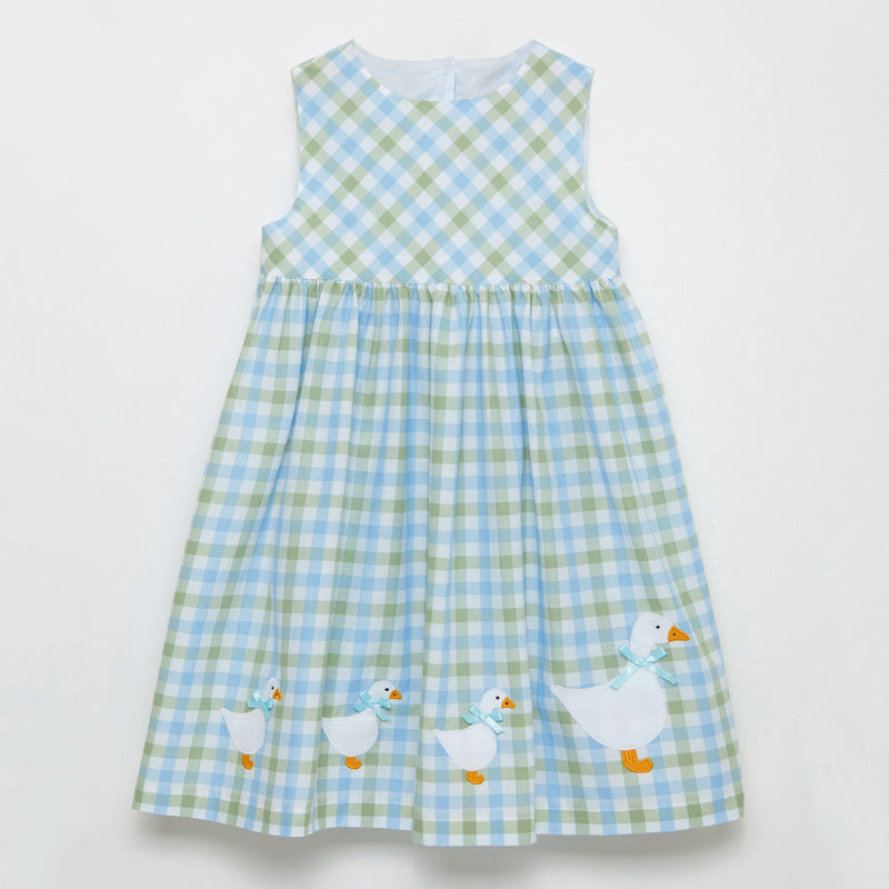Baby Cartton Duck & Plaid Pattern Sleeveless A-Line Dress In Summer My Kids-USA