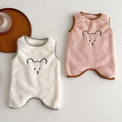 Baby Cartoon Bear Pattern Fleece Sleeveless Romper My Kids-USA