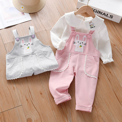 Baby Girl Cute Bunny Embroidery Pattern Doll Neck Shirt & Cotton Overall Sets My Kids-USA