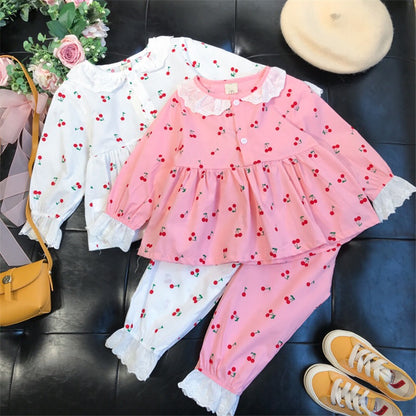Baby Girl Cherry Pattern Doll Neck Shirt Combo Trousers Pajamas Tracksuit My Kids-USA