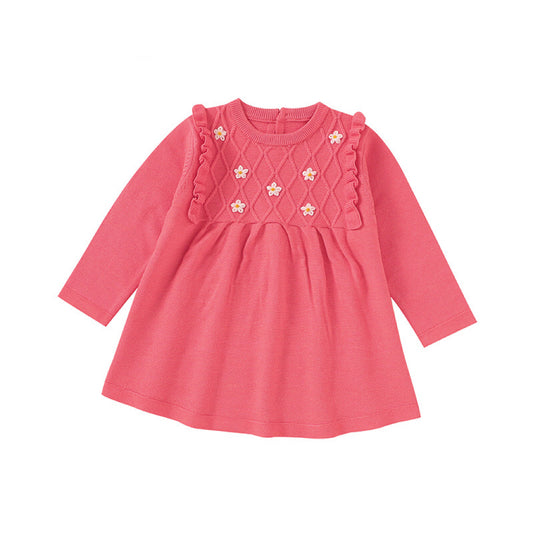 Baby Girl Flower Patched Pattern Solid Color Knitted Dress, MyKids-USA®, Baby & Toddler Outerwear, MyKids-USA -  -  -  -  -  -  - .