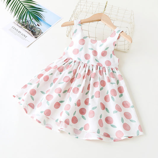 Baby Girls Fruit Print Round Collar Sling Dress With Bow Decoration In Summer