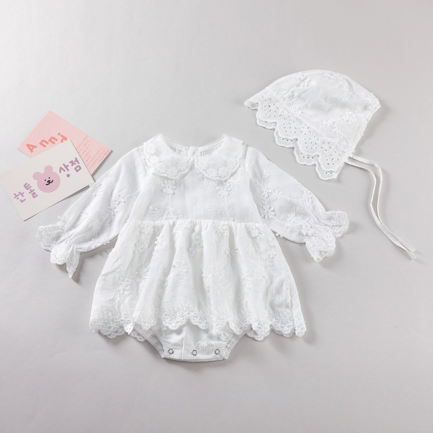 Baby Girl Solid Color Flower Embroidered Design Doll Neck Long Sleeves Onesie Dress My Kids-USA