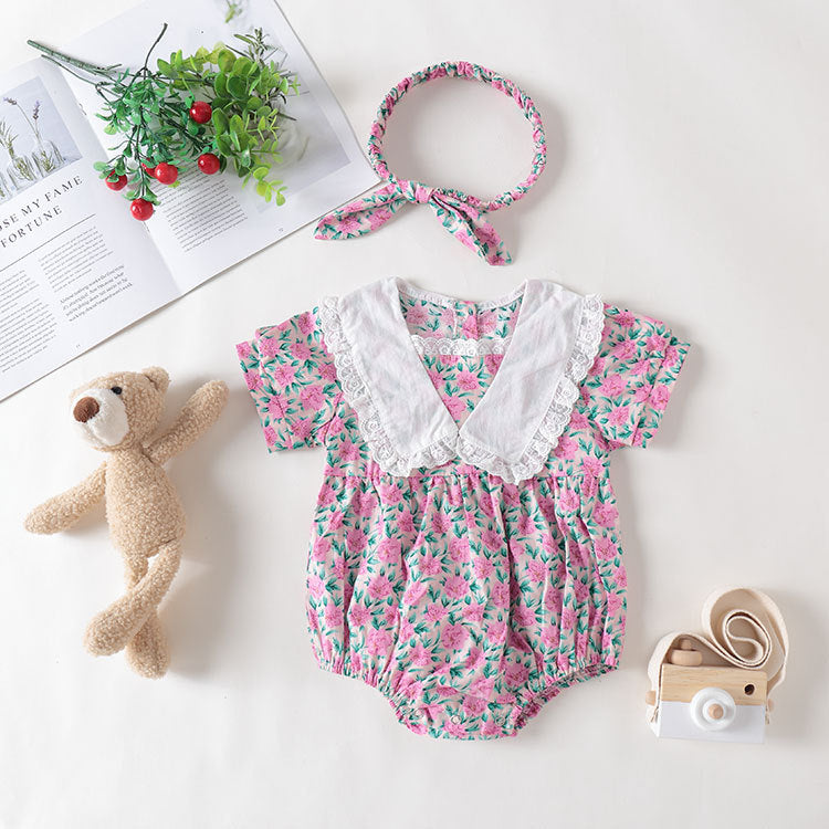 Baby Girl Floral Print Pattern Lace Collar Patchwork Baby Onesies Short Sleeve My Kids-USA