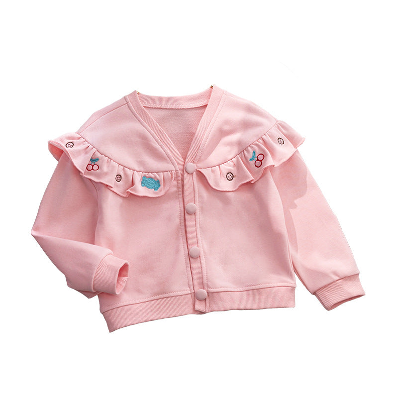 Baby Girl Solid Color Cherry Embroidered Graphic Ruffle Design V-Neck Coat My Kids-USA