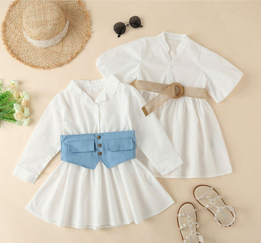 Vestido de moda de diseño parcheado con cintura de color sólido para bebé en verano 