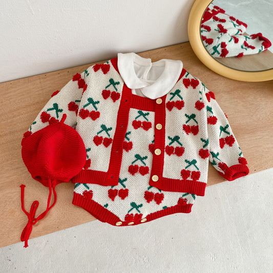 Baby Girl Heart Cherry Embroidered Onesies or Cardigan