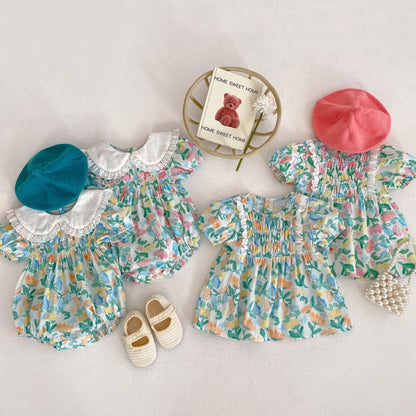 Baby Floral Graphic Doll Neck Short Sleeves Onesies & Dress