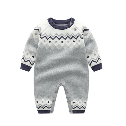 Baby Geometric Pattern Shoulder Button Design Knit Warm Romper My Kids-USA