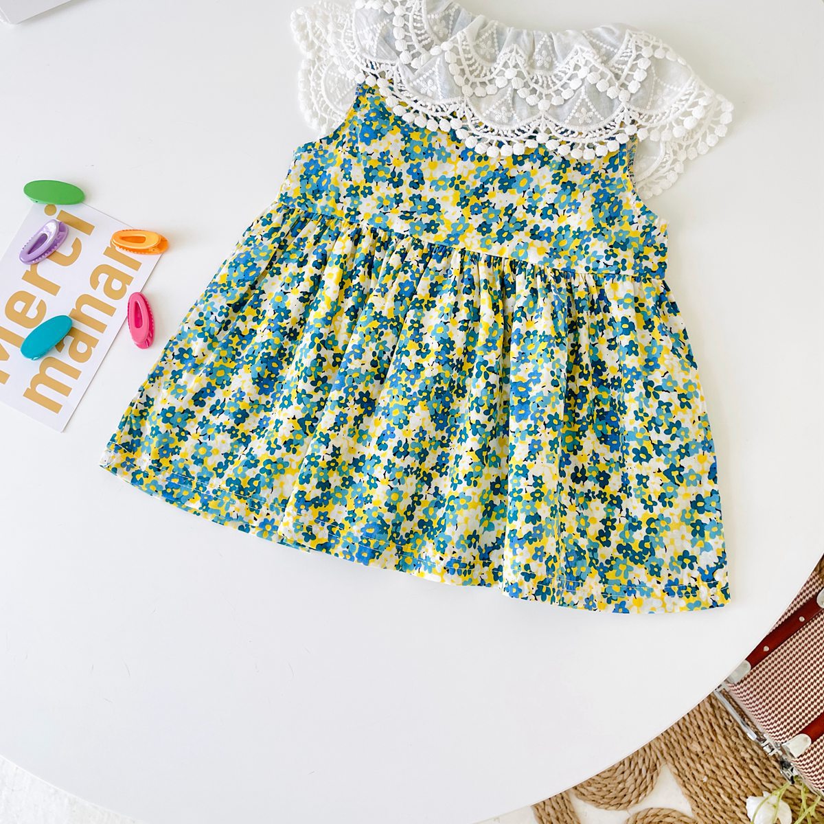 Baby Girl Floral Print Lace Patchwork Design O-Neck Dress My Kids-USA