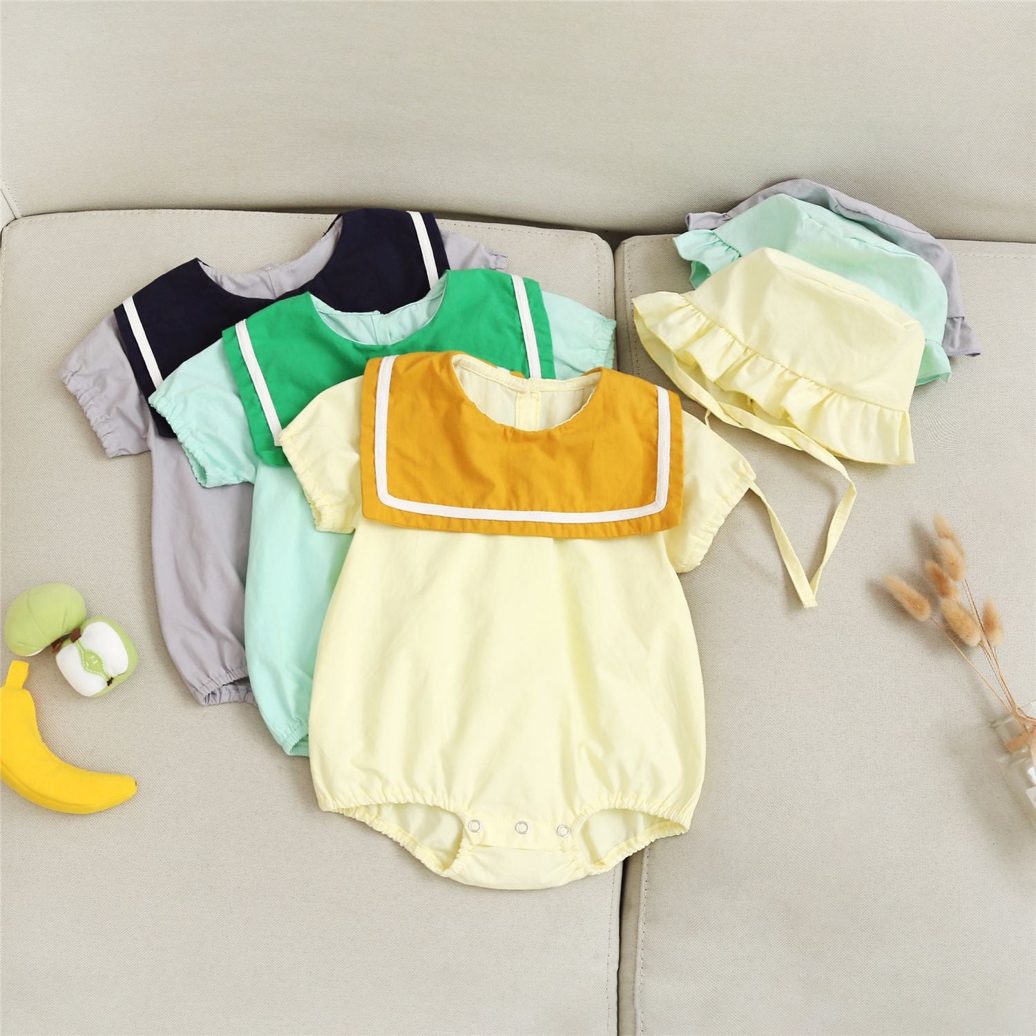 Baby 1pcs Puff Sleeves Contrast Tape Lapel College Style Onesies My Kids-USA