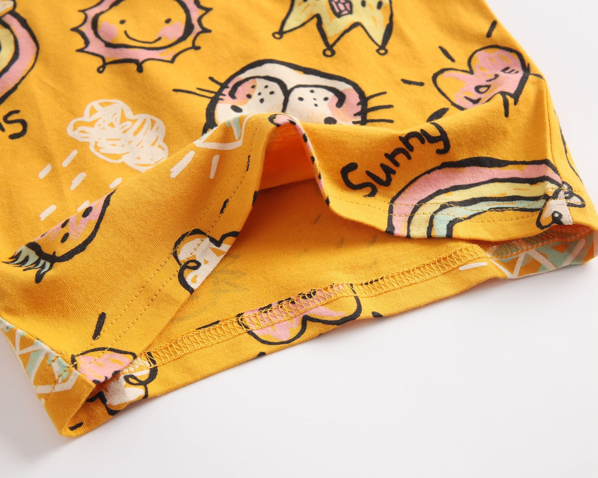 Baby Girl Cartoon Print O-Neck T-Shirt Combo Ruffle Shorts Sets In Summer