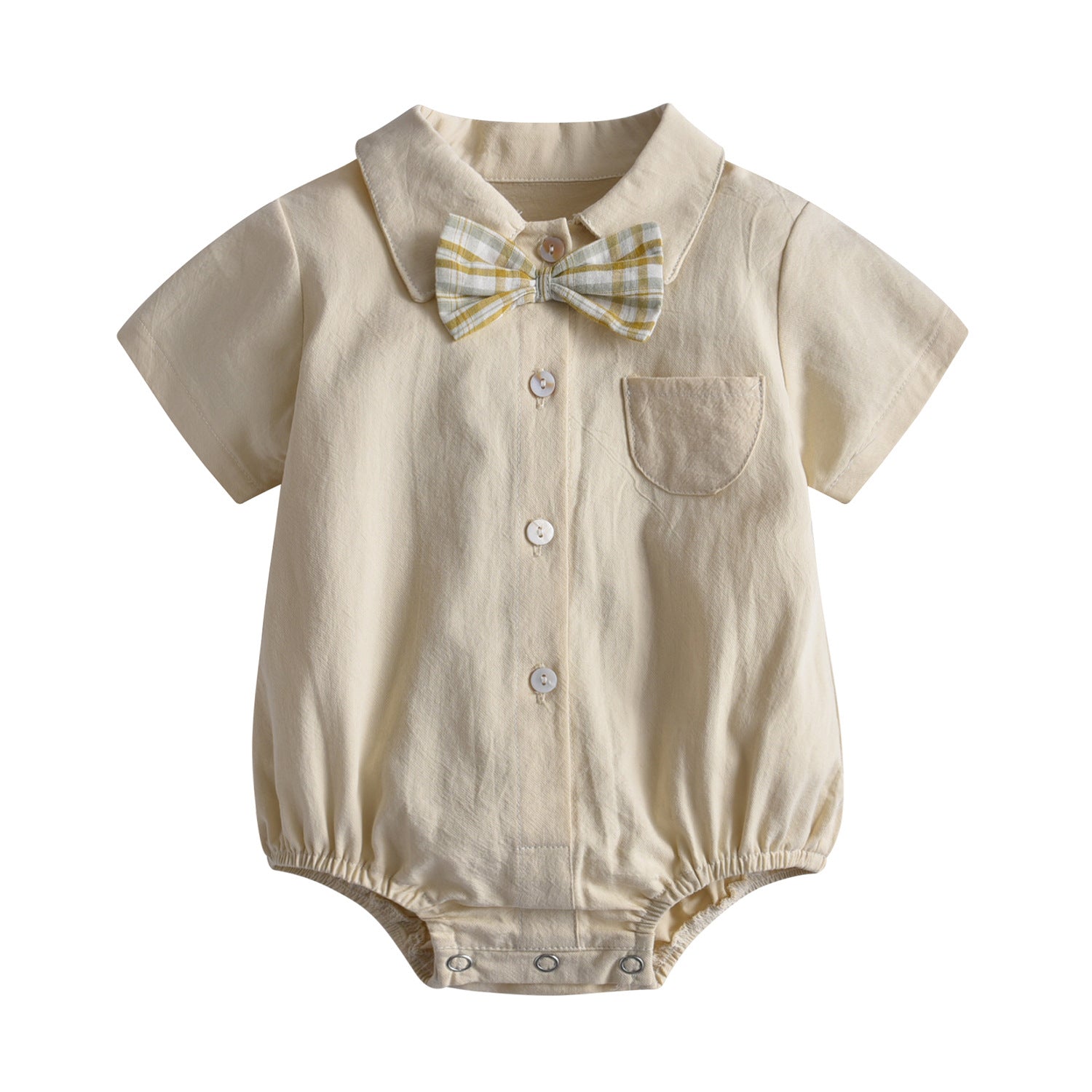 Baby Boy Solid Color Bow Tie Design Buttoned Shirt With Pockets Short Sleeve Onesies In Summer My Kids-USA