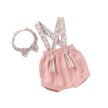 Baby Girl Ditsy Flower Sling Knitted Shorts Overalls With Headband