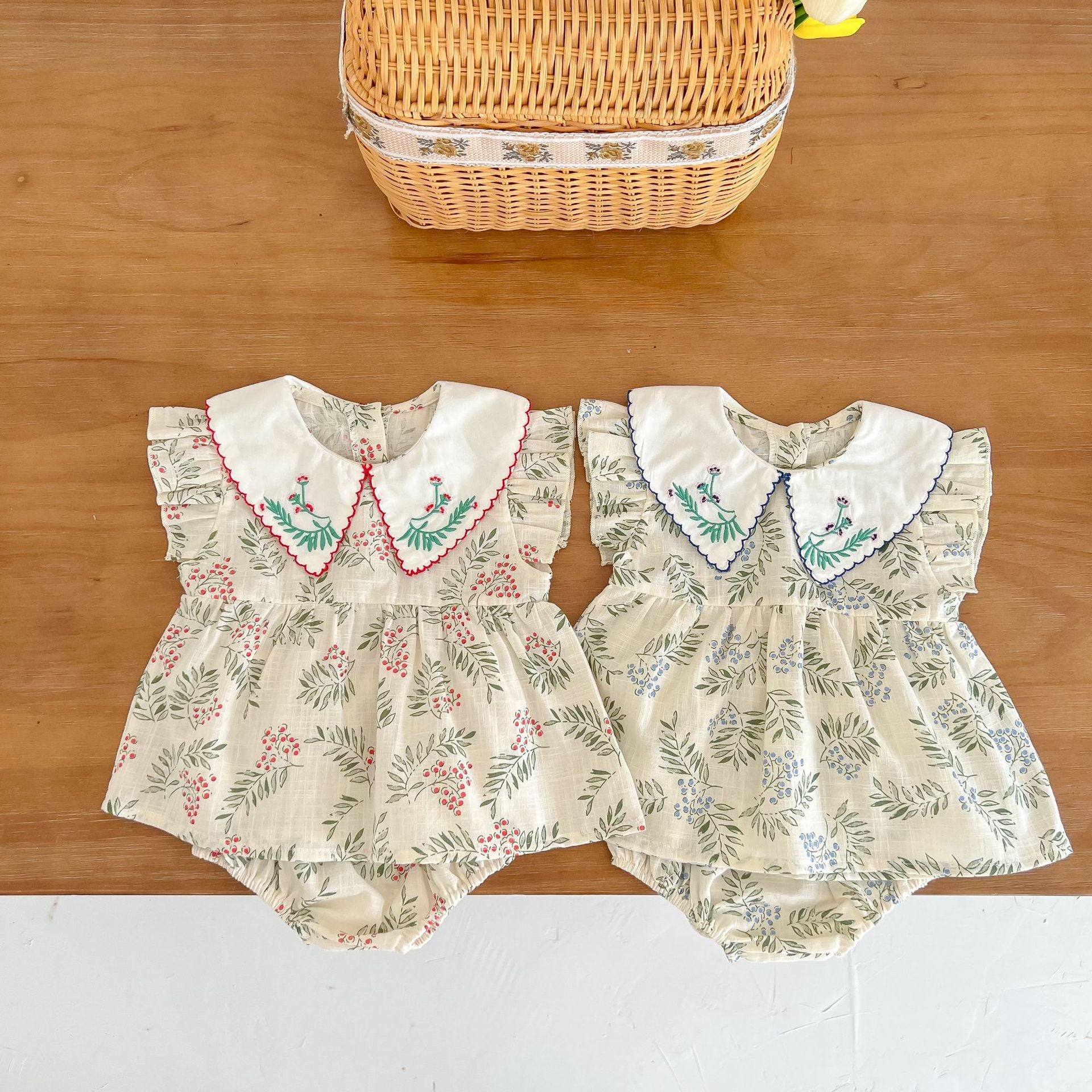 Baby Girl Floral Print Pattern Embroidered Lapel Sleeveless Tops Combo Shorts Two-Piece Sets My Kids-USA