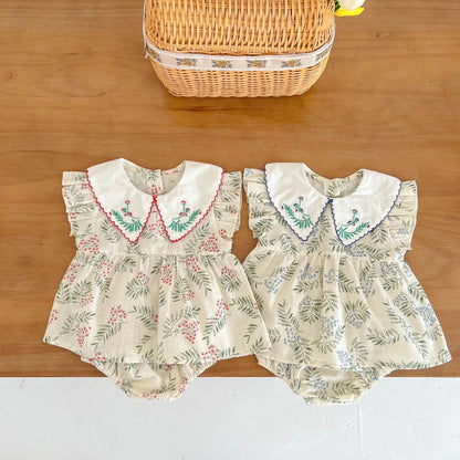 Baby Girl Floral Print Pattern Embroidered Lapel Sleeveless Tops Combo Shorts Two-Piece Sets My Kids-USA