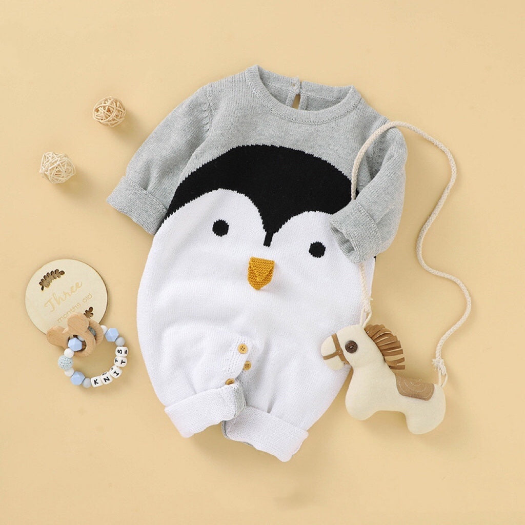Baby Cartoon Penguin Graphic Long Sleeve Knitted Rompers My Kids-USA