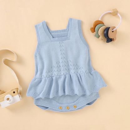 Baby Girl 1pcs Hollow Carved Design Square Neck Ruffle Deisign Knitted Onesies My Kids-USA