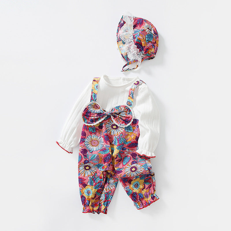 Baby Girl Floral Pattern Bow Decoration O-Neck Long Sleeves Strap Jumpsuit My Kids-USA