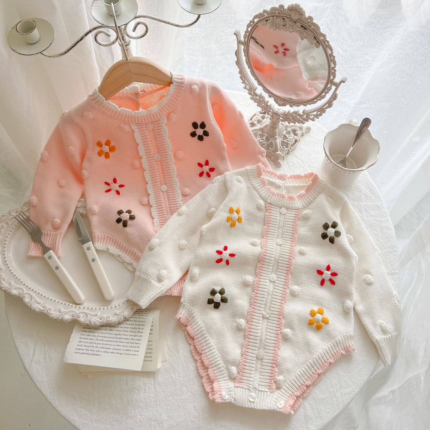 Baby Girl Flower Embroidered Pattern Button Front Design Knit Bodysuit My Kids-USA