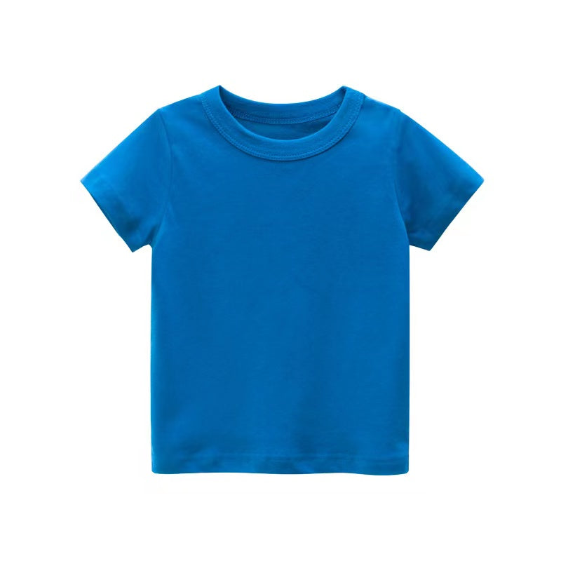 Baby Kids No Pattern Solid Color Short-Sleeved Tops In Summer Outfit Wearing, MyKids-USA®, Baby & Toddler Tops, MyKids-USA - Size/Age - 90 (12-24M) - Color - Blue -  -  - JM2204011452-B.