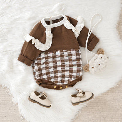 Baby Girl Checkerboard Pattern Lace Design Onesies In Autumn My Kids-USA