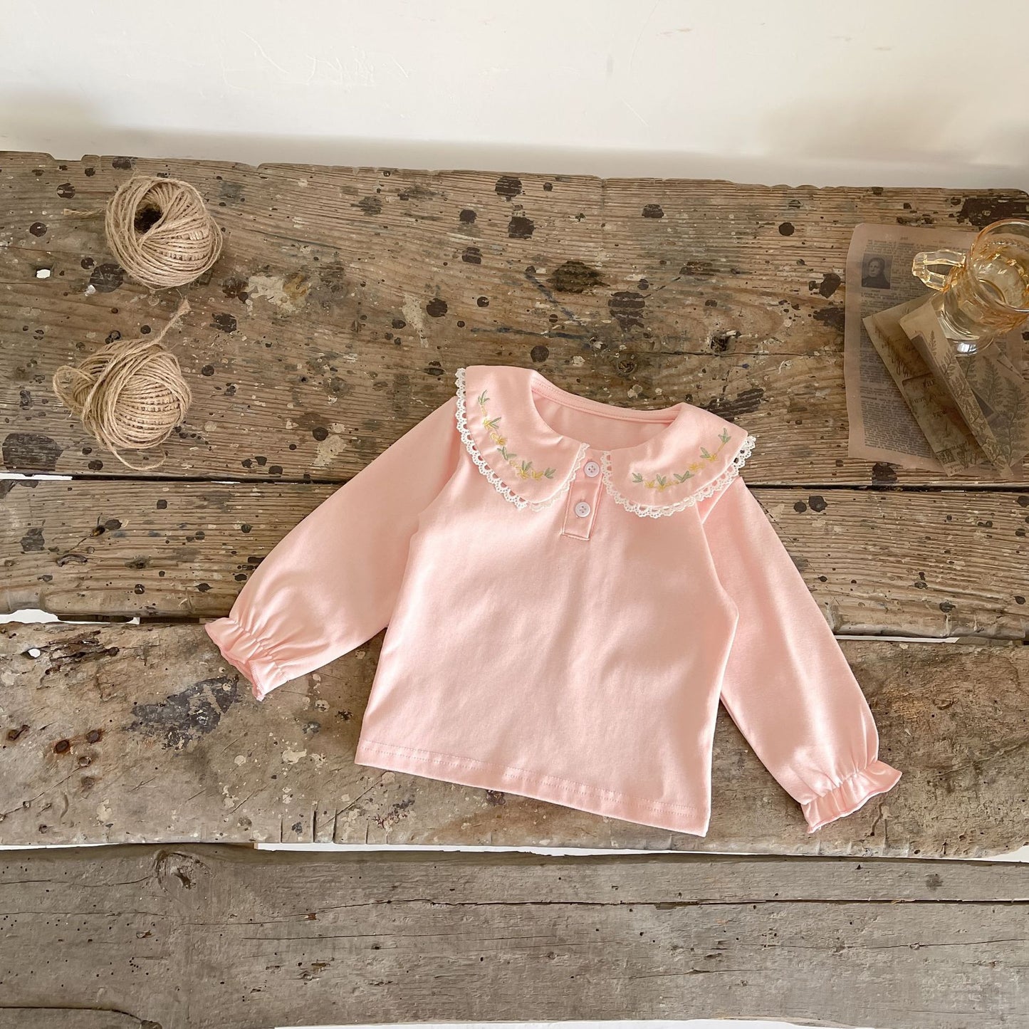 Baby Girl Solid Embroidered Floral Collar Top