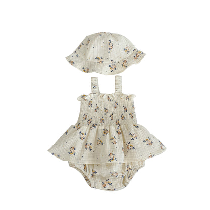 Baby Flower Pattern Sling Design Onesies Dress With Hat