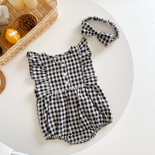 Baby Girl Sleeveless Grid Round Collar bodysuit, MyKids-USA®, Baby One-Pieces, MyKids-USA -  -  -  -  -  -  - .