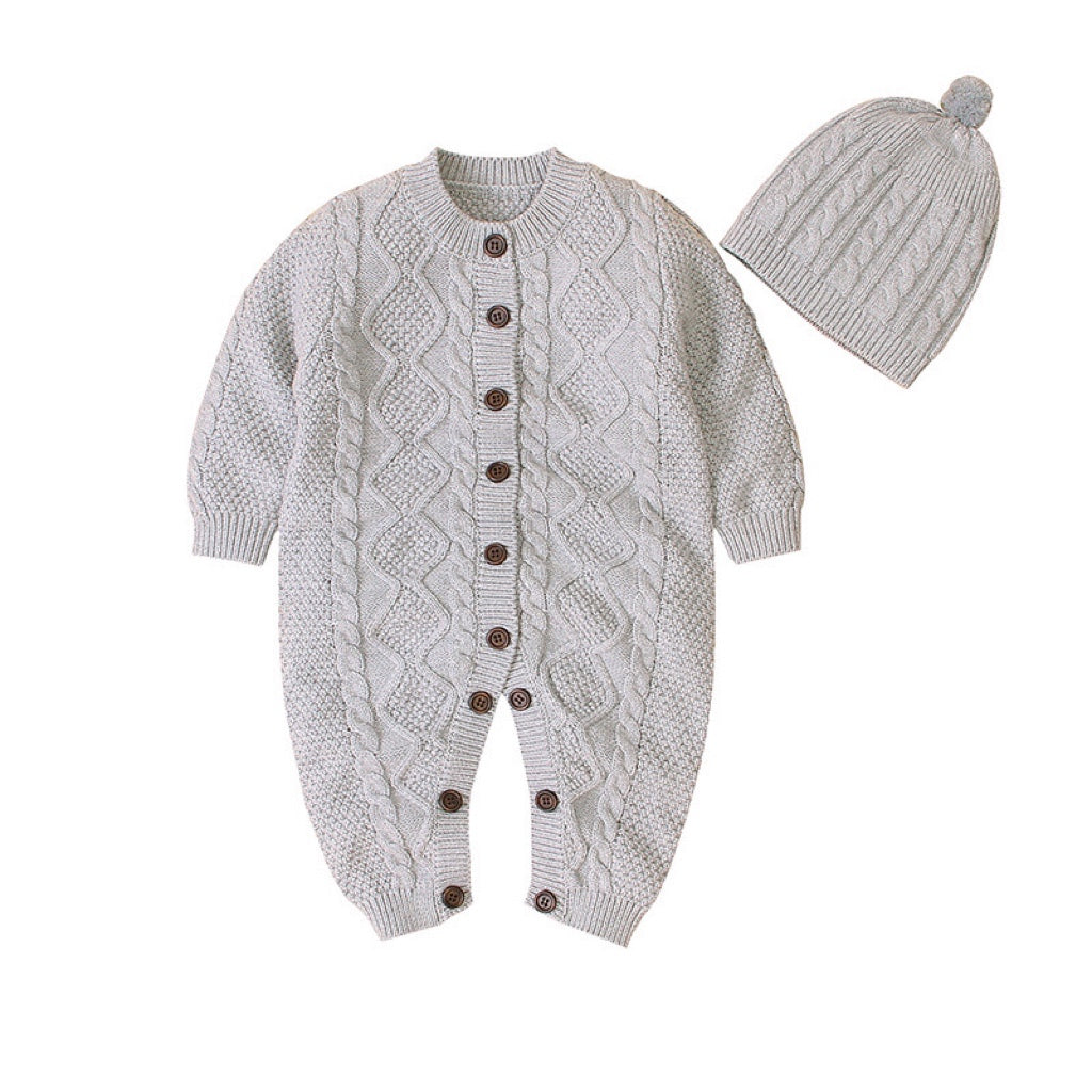 Baby Baby Cable Knitted Pattern Button Front Design Long Sleeve Warm Rompers & Hat My Kids-USA