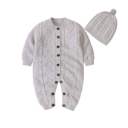 Baby Baby Cable Knitted Pattern Button Front Design Long Sleeve Warm Rompers & Hat, MyKids-USA®, Baby One-Pieces, MyKids-USA -  -  -  -  -  -  - .