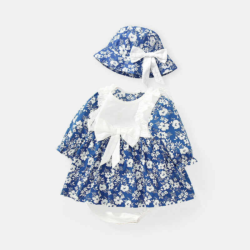 Baby Girl Blue Flower Pattern Mesh Patchwork Long Sleeve Onesies & Dress My Kids-USA