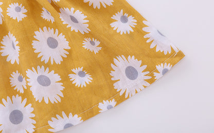 Baby Girl Little Daisy Print Pattern False Two-Piece Patchwork Design Round Collar Short-Sleeved Dress