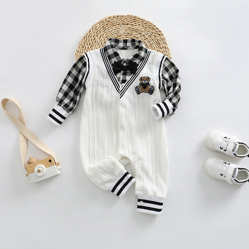 Baby Boy Plaid Patchwork Pattern Bear Embroidered Jumpsuit My Kids-USA