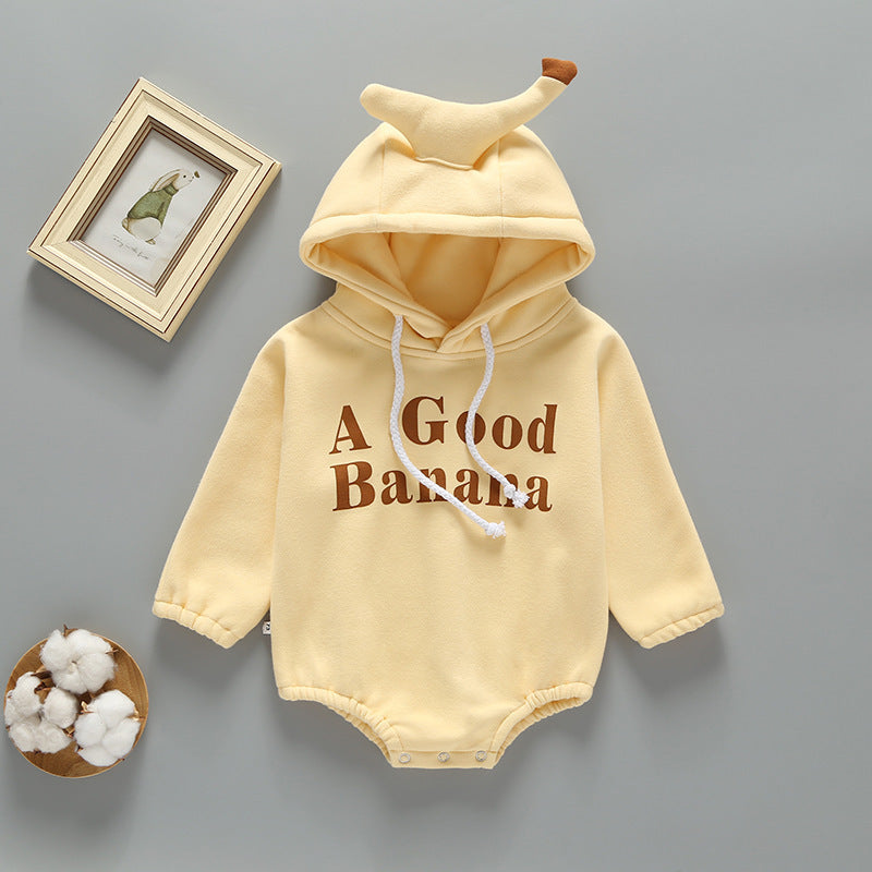 Baby Slogan Print Pattern 3D Banana Patched Hat Long Sleeved Bodysuit Onesies My Kids-USA